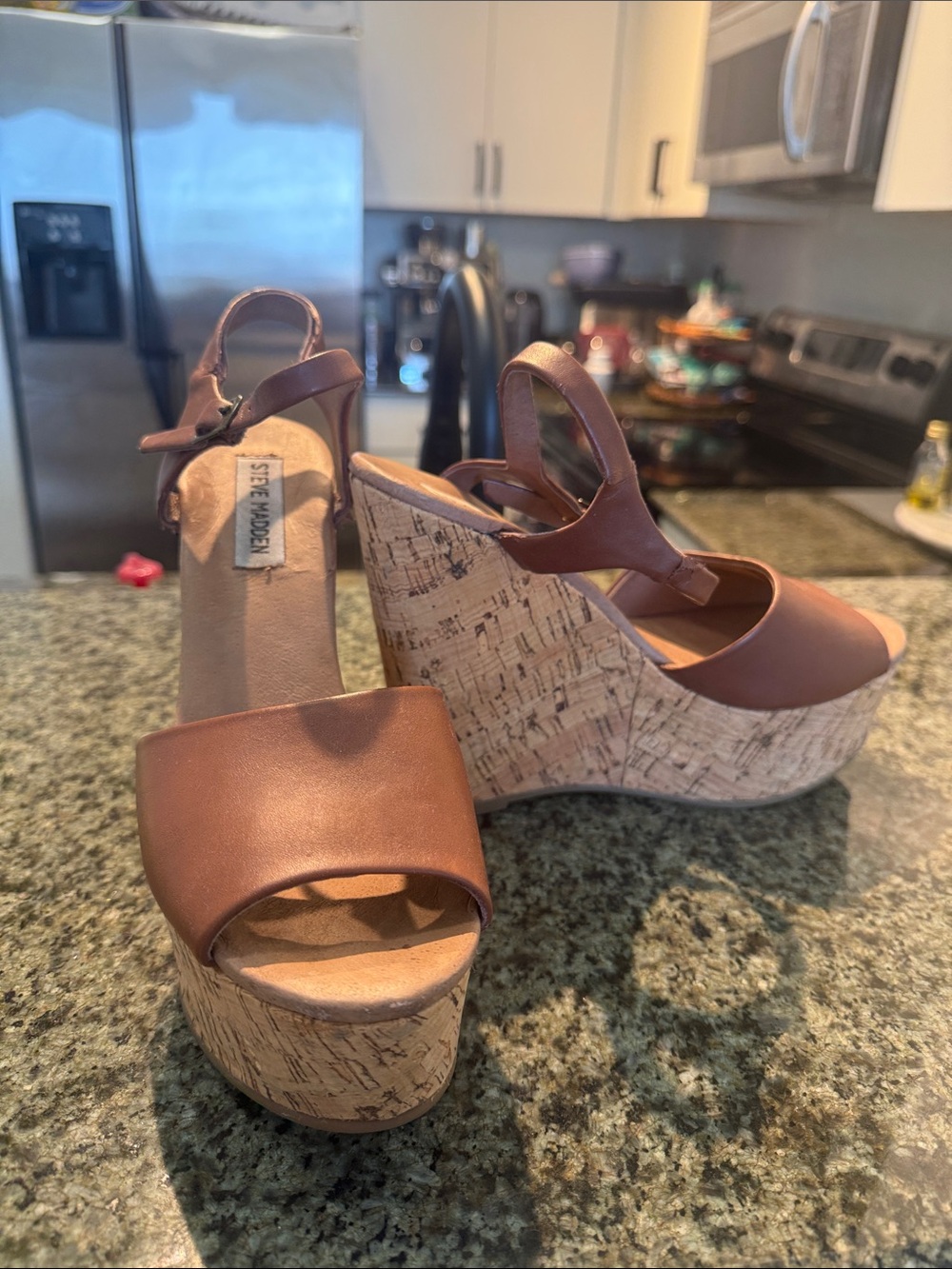 Steve Madden Tan Leather Cork Platform Wedges